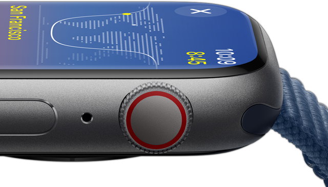 Vista lateral de un Apple Watch con el brillo al máximo.
