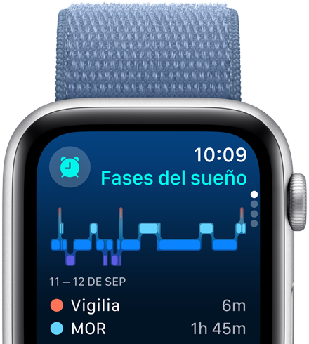 Pantalla de la app Sueño con las distintas fases del sueño, los minutos de vigilia y los minutos en fase MOR. 