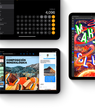 Tres pantallas de iPad mini muestran funcionalidades de apps y iPadOS