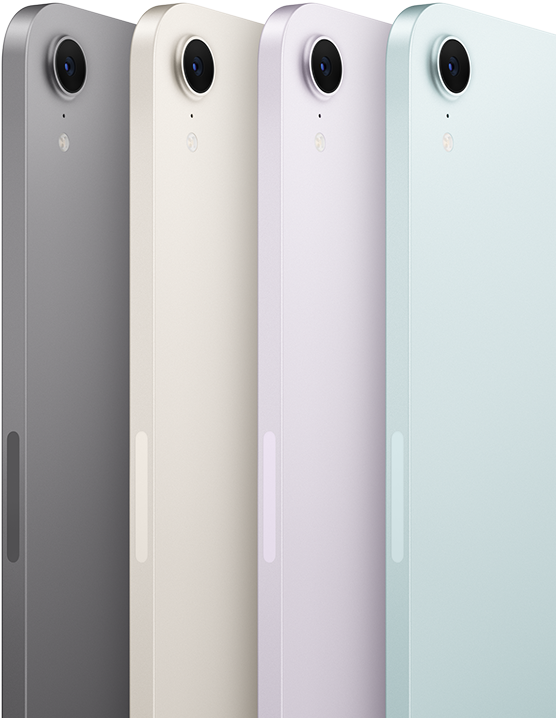 Vista posterior que muestra la cámara de cuatro modelos de iPad mini en los colores disponibles: gris espacial, blanco estelar, morado y azul