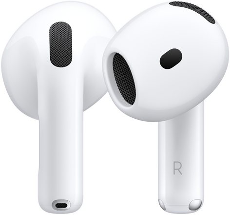 Imagen de la parte posterior y frontal de un par de AirPods. El de la derecha tiene la letra R en la parte inferior para indicar que va en el oído derecho