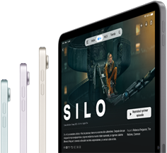 Vista lateral de tres modelos de iPad Air, un cuarto iPad Air muestra la serie Silo de Apple TV+
