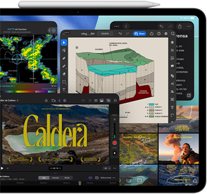 iPad Pro, parte frontal, posición horizontal, negro espacial, un Apple Pencil en la parte superior del dispositivo, la pantalla muestra varias ventanas de apps en mosaico, como Final Cut Pro con varias funcionalidades de edición de video y la línea de tiempo, Mapas, Notas y diferentes archivos multimedia