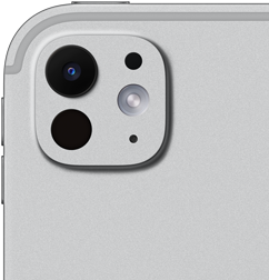 iPad Pro, parte posterior, color plata, sistema de cámaras pro con lente de cinco elementos y flash True Tone adaptativo