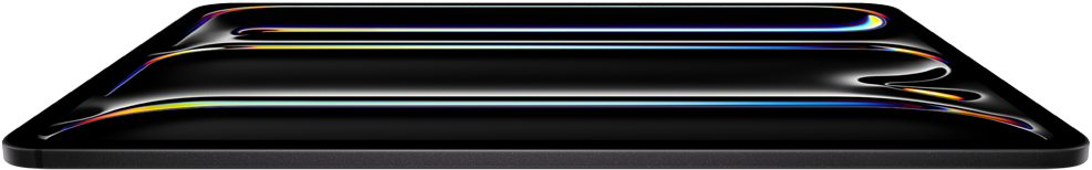 iPad Pro, parte frontal, negro espacial, estructura de aluminio y vidrio, perfil delgado, inclinado hacia atrás, la pantalla muestra un arte lineal de muchos colores