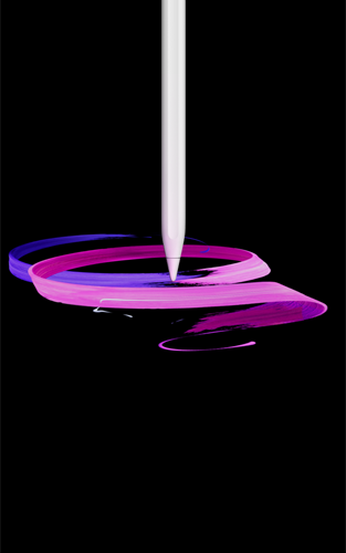 Apple Pencil Pro, parte frontal, posición vertical, parte lateral, blanco, dibujando un diseño abstracto de cintas en morado y rosa