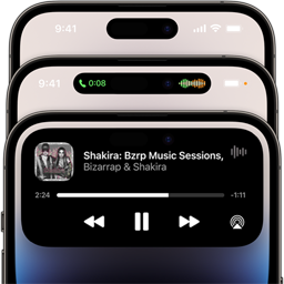 Se muestran pantallas del iPhone 14 Pro con tres estados de la Dynamic Island.