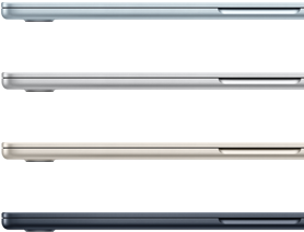 Cuatro MacBook Air que muestran los acabados disponibles: azul cielo, color plata, blanco estelar y medianoche