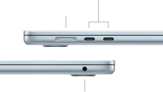 Vistas laterales de una MacBook Air que muestran los puertos: MagSafe y dos puertos Thunderbolt 4 del lado izquierdo y una entrada para audífonos del lado derecho