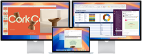 MacBook Air abierta con dos monitores externos con varias apps en pantalla
