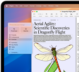 Uso de las Herramientas de Escritura de Apple Intelligence para hacer más conciso un texto científico sobre las libélulas