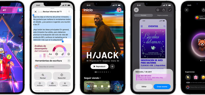 Dispositivos iPhone 17e uno al lado del otro que muestran diferentes pantallas: un juego, Herramientas de Escritura, app Apple TV, la creación de un evento en el calendario, la creación de un Genmoji