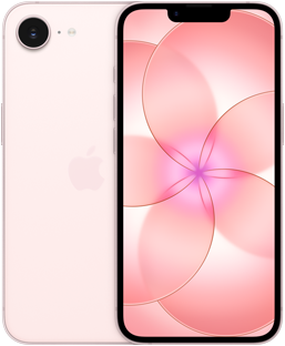 Uno al lado del otro, iPhone 17e, parte posterior, color rosa pálido, sistema de cámara Fusion en la esquina superior izquierda, iPhone 17e, parte frontal, diseño todo pantalla