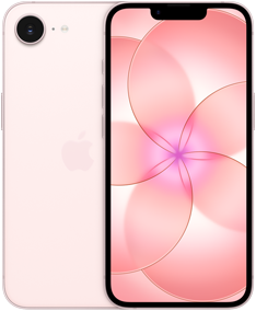 Uno al lado del otro, iPhone 17e, parte posterior, color rosa pálido, sistema de cámara Fusion en la esquina superior izquierda, iPhone 17e, parte frontal, diseño todo pantalla
