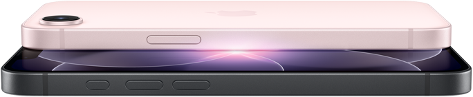 iPhone 17e, partes lateral y posterior en horizontal, color rosa pálido, iPhone 17e, partes lateral y frontal en horizontal, color negro