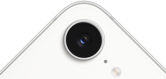 iPhone 17e, vista parcial de la parte posterior, color blanco, cámara Fusion en la parte superior