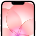 iPhone 17e, vista parcial de la parte frontal con Ceramic Shield 2, color rosa pálido, el fondo de pantalla muestra la imagen de una flor rosa