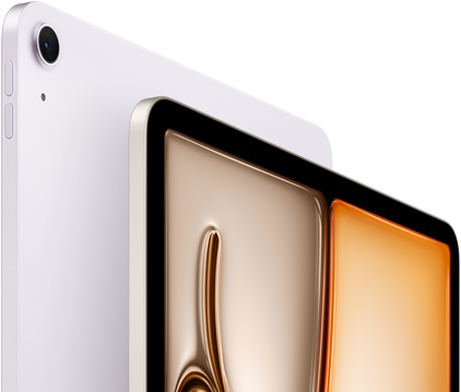 iPad Air, color morado, parte frontal, parte posterior, cámara trasera gran angular de 12 MP en la esquina superior izquierda