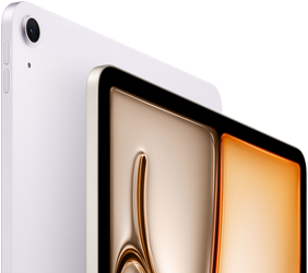 iPad Air, color morado, parte frontal, parte posterior, cámara trasera gran angular de 12 MP en la esquina superior izquierda