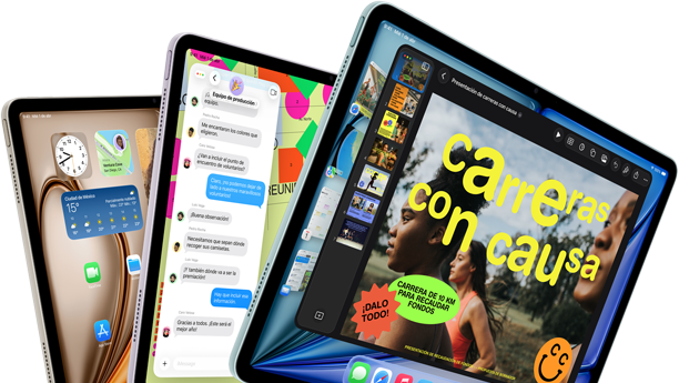 Pantallas de tres iPad Air dispuestos en forma de abanico, colores: azul, morado, blanco estelar, parte frontal, parte lateral, las apps que se muestran en la pantalla incluyen Keynote, Mensajes y la pantalla de inicio