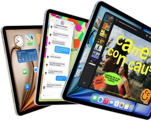 Pantallas de tres iPad Air dispuestos en forma de abanico, colores: azul, morado, blanco estelar, parte frontal, parte lateral, las apps que se muestran en la pantalla incluyen Keynote, Mensajes y la pantalla de inicio