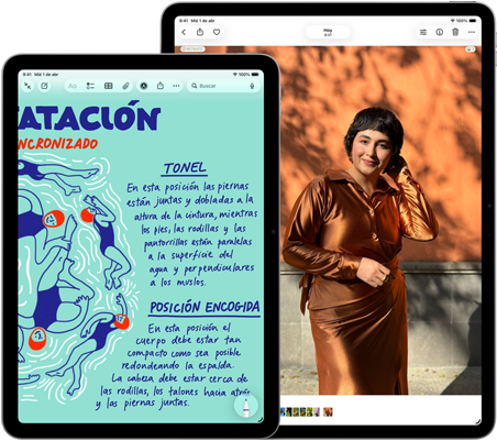 Dos iPad Air, tamaños: 11 pulgadas y 13 pulgadas, el iPad Air de 11 pulgadas muestra texto colorido en la app Notas, la pantalla del iPad Air de 13 pulgadas muestra la foto de una persona en la app Fotos