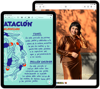 Dos iPad Air, tamaños: 11 pulgadas y 13 pulgadas, el iPad Air de 11 pulgadas muestra texto colorido en la app Notas, la pantalla del iPad Air de 13 pulgadas muestra la foto de una persona en la app Fotos