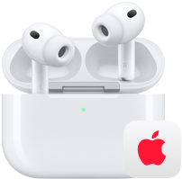 AirPods Pro 3, audífonos inalámbricos izquierdo y derecho dentro del estuche de carga Magsafe, logo de Apple