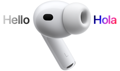 AirPods Pro 3, audífono con almohadilla de silicón, Traducción en Vivo cambia un texto en español que dice "hello" a un texto en inglés que dice "hola"