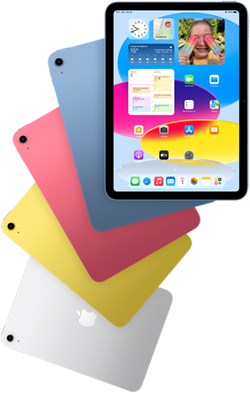 Vista frontal de un iPad que muestra la pantalla de inicio, y vista posterior de cuatro modelos de iPad en azul, rosa, amarillo y color plata ubicados detrás del primero