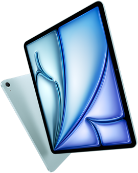 Vista frontal en ángulo de un iPad&nbsp;Air de 13 pulgadas que muestra una pantalla colorida, vista posterior de un iPad&nbsp;Air de 11 pulgadas que muestra la cámara