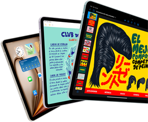 Tres pantallas de iPad Air muestran funcionalidades de apps y iPadOS