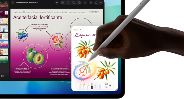 iPad Pro, parte frontal, pantalla con un fondo degradado azul oscuro y verde con varias apps abiertas, una mano sostiene un Apple Pencil Pro que dibuja un círculo y muestra la funcionalidad de Apple Intelligence Imagen Mágica