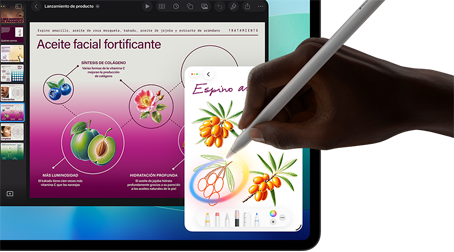 iPad Pro, parte frontal, pantalla con un fondo degradado azul oscuro y verde con varias apps abiertas, una mano sostiene un Apple Pencil Pro que dibuja un círculo y muestra la funcionalidad de Apple Intelligence Imagen Mágica