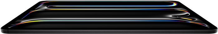 iPad Pro, parte frontal, negro espacial, estructura de aluminio y vidrio, perfil delgado, inclinado hacia atrás, la pantalla muestra un arte lineal de muchos colores