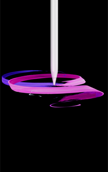 Apple Pencil Pro, parte frontal, posición vertical, parte lateral, blanco, dibujando un diseño abstracto de cintas en morado y rosa