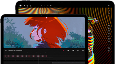 iPad Pro de 13 pulgadas y iPad Pro de 11 pulgadas, parte frontal, posición horizontal, negro espacial, esquinas redondeadas, marco de la pantalla negro, la pantalla de 11 pulgadas muestra una imagen en vibrantes colores de un personaje con el pelo rojo, la pantalla de 13 pulgadas muestra elementos coloridos de interfaz de edición de fotos