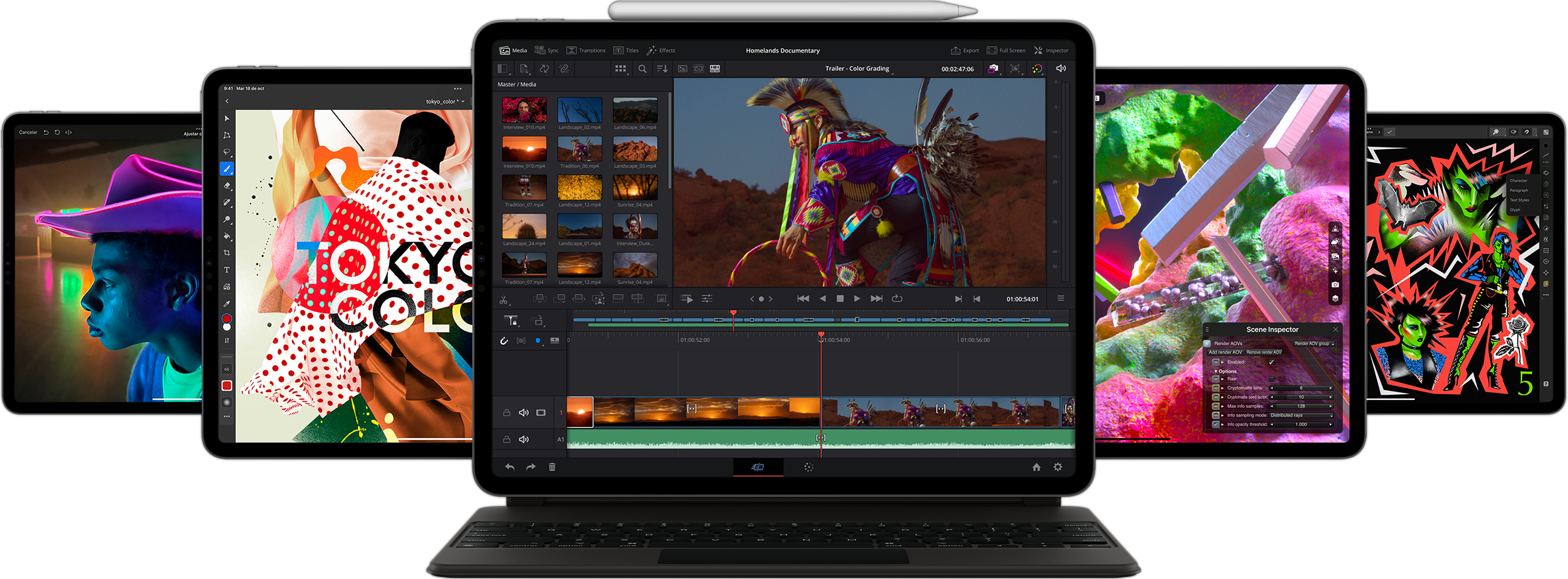 Vista frontal de un iPad Pro ejecutando la app Resolve, con el Smart Keyboard Folio y el Apple Pencil, delante de otros dispositivos iPad.