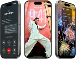 Tres modelos de iPhone 17 Pro, parte frontal, lado a lado, mostrando iOS 26, efecto de Liquid Glass y funcionalidad de Apple Intelligence