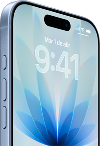 iPhone 17, parte frontal, color azul neblina, Dynamic island en el centro, botones: Botón de Acción, volumen