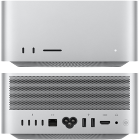 Parte frontal de una Mac Studio con dos puertos USB-C, una ranura para tarjeta SDXC, y parte posterior con cuatro puertos USB-C y dos puertos USB-A, Ethernet, HDMI y entrada para audífonos