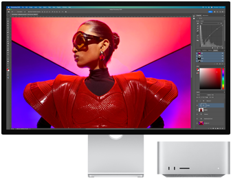 Una foto colorida está siendo editada con una Mac Studio y un Studio Display