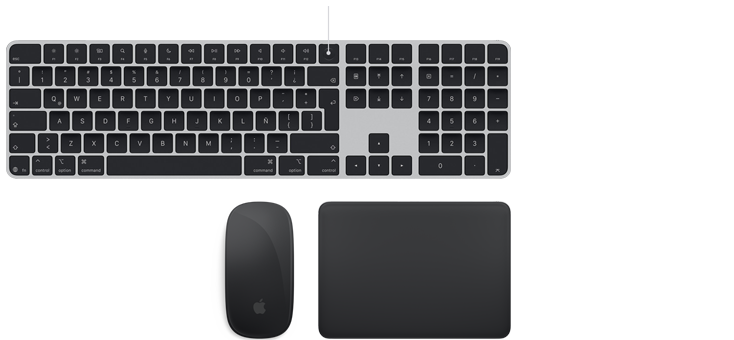 Accesorios Magic: Magic Keyboard con Touch ID, Magic Mouse y Magic Trackpad, todos en gris espacial, uno al lado del otro