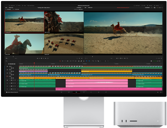 Una película está siendo editada con una Mac Studio y un Studio Display