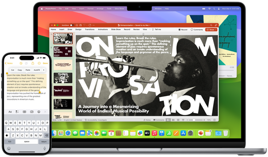 Una MacBook Air junto a un iPhone, mostrando cómo copiar un texto del iPhone y pegarlo en un documento en la MacBook Air