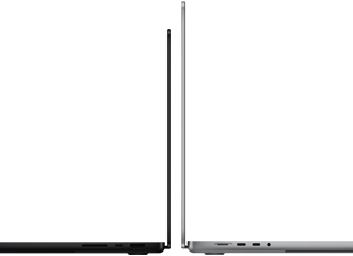 MacBook Pro de 14 pulgadas y de 16 pulgadas colocadas una contra otra, para mostrar la diferencia de tamaño y destacar el perfil delgado