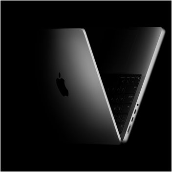 MacBook Pro posicionada en forma de V, en alusión a la serie de chips M5