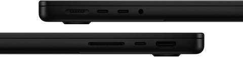 Vista de los puertos de la MacBook Pro, lado izquierdo: MagSafe 3, dos puertos Thunderbolt y entrada para audífonos, lado derecho: ranura para tarjeta SDXC, un puerto Thunderbolt y puerto HDMI