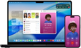 MacBook Pro y iPhone 16 Plus, app Teléfono abierta, el mismo contacto aparece en ambas pantallas