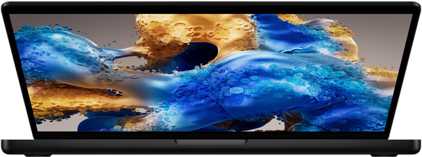 Una MacBook Pro parcialmente abierta muestra una colorida pantalla